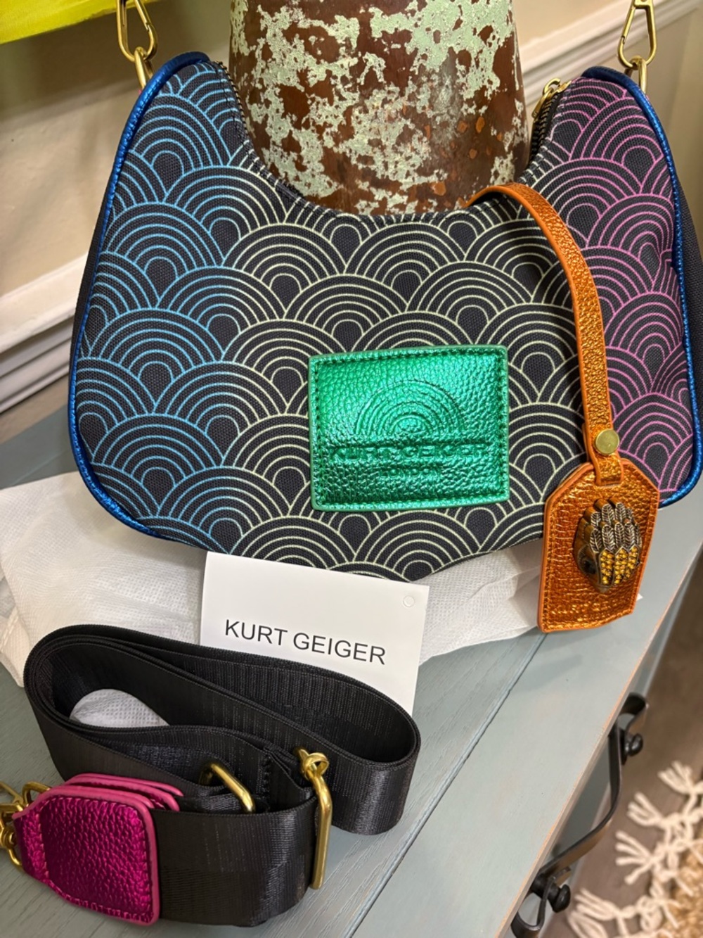 Fashion Insp Multicolor Wave-Print Shoulder Bag in Black and Rainbow Accents